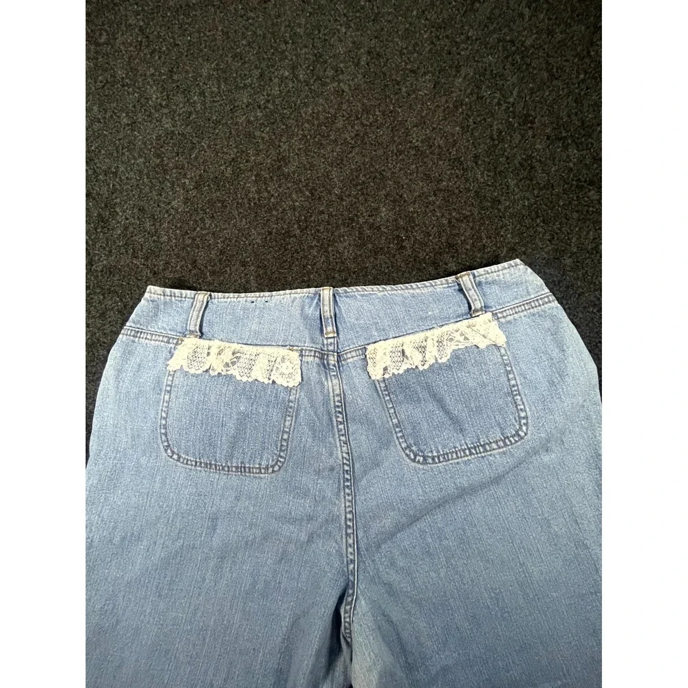 Y2K French Cuff Capri Jeans Women's 12 Blue Denim Embroidered Lace Trim Grunge